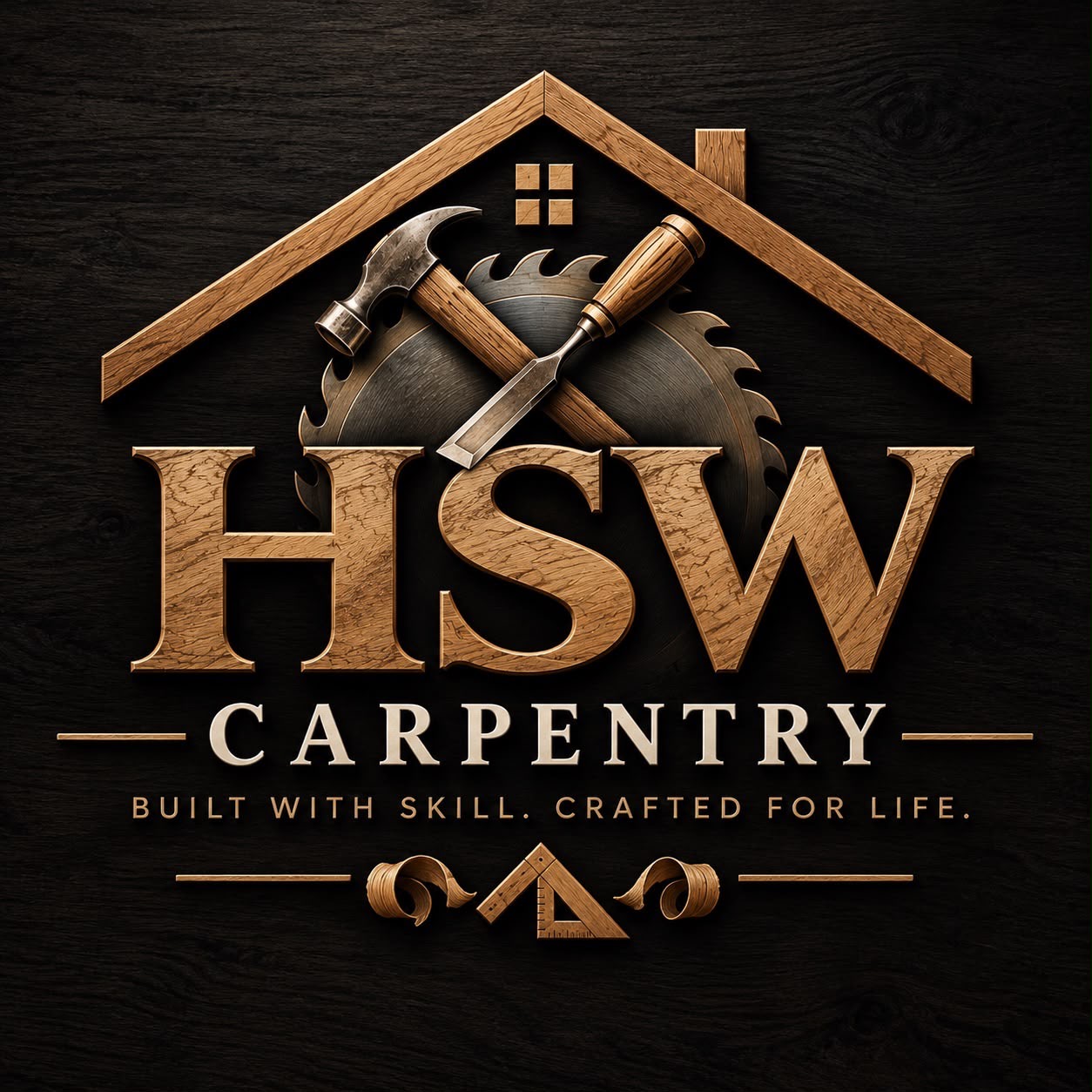 HSW Carpentry: timber house roof, crossed carpentry tools and wooden HSW lettering